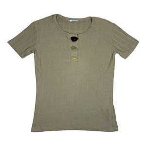 Zara Woman Size S Short Sleeve Henley Large Button Ribbed Textured Tee Neutral